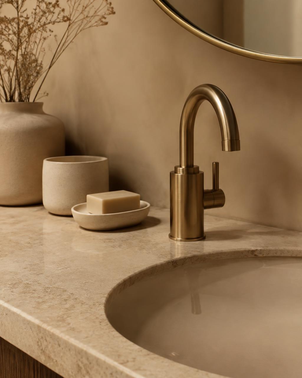 Stone benchtop with brushed brass tap