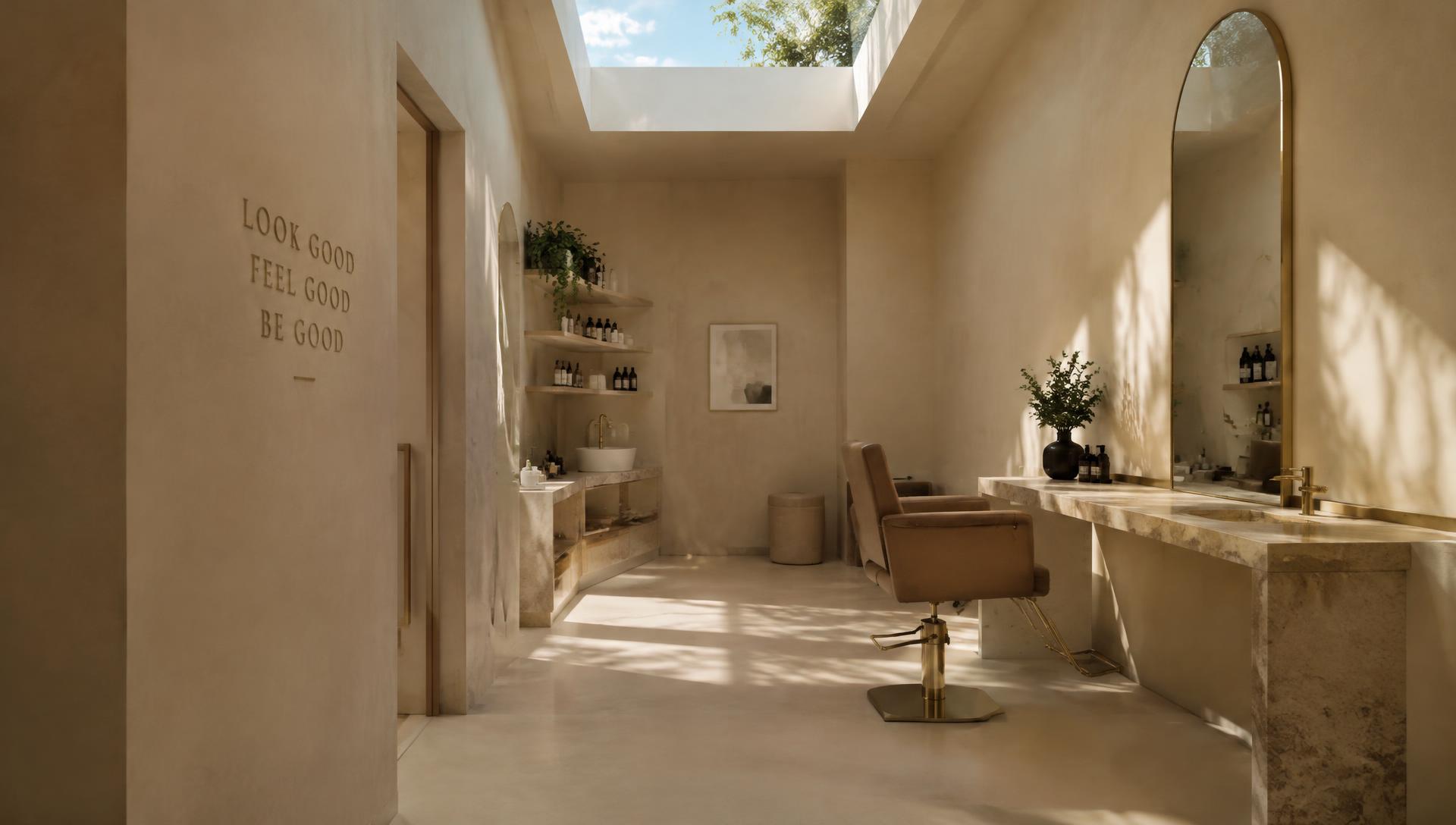 Sunlit private salon suite with skylight and stone benchtop